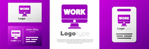 Beyaz Arkaplanda Metin Çalışma Simgesine Sahip Logotype Bilgisayar Monitörü Logo — Stok Vektör