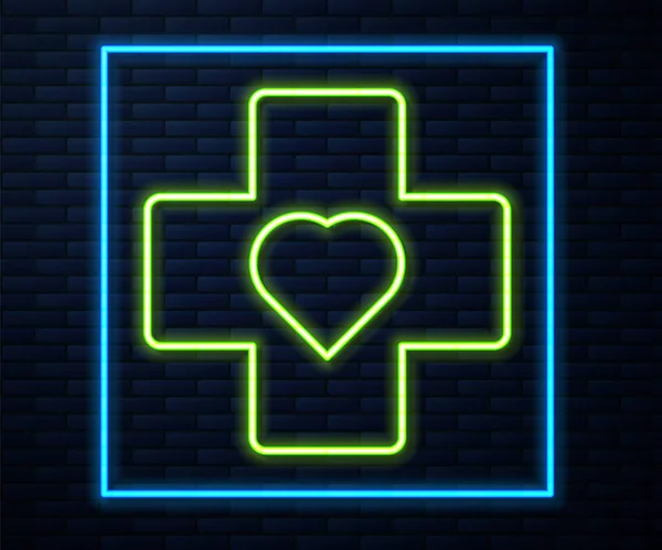 Zářící Neonová Čára Srdce Ikonou Kříže Izolované Pozadí Cihlové Stěny — Stockový vektor