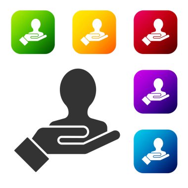 Siyah El, beyaz arka planda izole edilmiş bir insan simgesini arıyor. İşe alım ya da seçim konsepti. Çalışanları ve işi ara. Renkli kare düğmelerle simgeleri ayarla. Vektör.