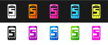 Siyah ve beyaz arkaplanda izole edilmiş telefon simgesi üzerinde yeni sohbet mesajları bildirim ayarla. Smartphone sohbet mesajları konuşma baloncukları. Vektör.