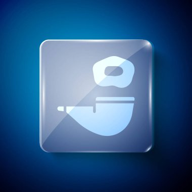 Mavi arka planda duman simgesi olan beyaz tüttürme piposu. Tütün piposu. Kare cam paneller. Vektör.