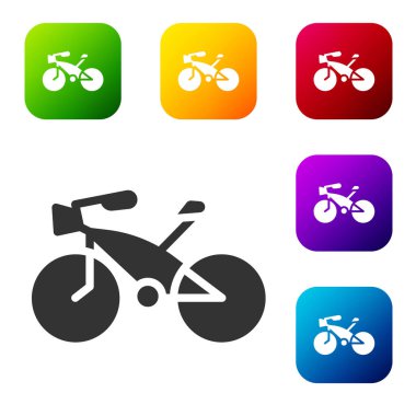 Beyaz arkaplanda siyah bisiklet simgesi izole edildi. Bisiklet yarışı. Olağanüstü bir spor. Spor malzemeleri. Renkli kare düğmelerle simgeleri ayarla. Vektör.