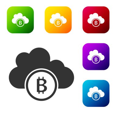 Siyah Kripto para birimi bulut maden ikonu beyaz arka planda izole. Engelleme teknolojisi, bitcoin, dijital para piyasası, kripto para cüzdanı. Renkli kare düğmelerle simgeleri ayarla. Vektör.