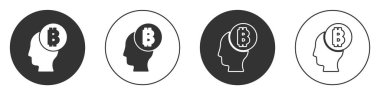 Siyah Bitcoin beyaz arkaplanda izole edilmiş bir simge olduğunu düşünüyor. Kripto para birimi başı. Engelleme teknolojisi, dijital para piyasası, şifreli para cüzdanı. Çember düğmesi. Vektör.