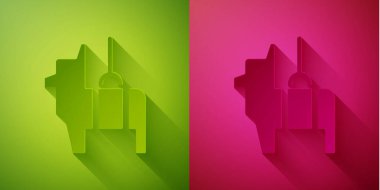 Kağıt kesiği Pinata simgesi yeşil ve pembe arka planda izole edilmiş. Meksika geleneksel doğum günü oyuncağı. Kağıt sanatı tarzı. Vektör.