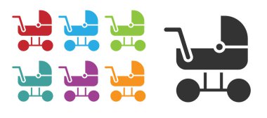 Siyah bebek arabası simgesi beyaz arkaplanda izole edildi. Bebek arabası, at arabası, bebek arabası, bebek arabası, tekerlek. Simgeleri renklendirin. Vektör.