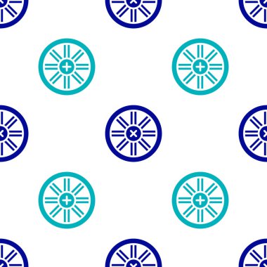 Mavi eski ahşap tekerlek ikonu beyaz arka planda izole edilmiş pürüzsüz desen. Vektör.