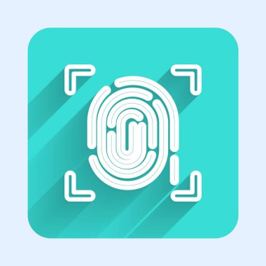 Beyaz çizgi parmak izi simgesi uzun gölgeli izole edilmiş. Kimlik uygulaması simgesi. Kimlik işareti. Kimliğe dokun. Yeşil kare düğmesi. Vektör.