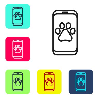 Siyah çizgi Veterinerlik Kliniği sembolü beyaz arka planda izole edilmiş. Çapraz hastane işareti. Tarz sahibi bir köpek ya da kedi. Evcil hayvan ilk yardım işareti. Renkli kare düğmelerle simgeleri ayarla. Vektör.