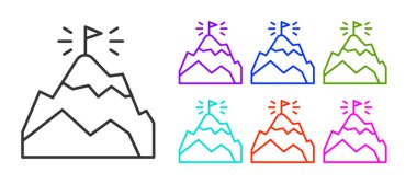 Beyaz arkaplanda izole edilmiş siyah çizgi dağları. Zaferin ya da başarının sembolü. Gol başarısı. Simgeleri renklendirin. Vektör.