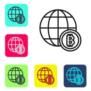 Siyah çizgi Globe ve kripto para birimi simgesi Bitcoin beyaz arka planda izole edildi. Madeni para. Engelleme zinciri tabanlı şifreli para birimi. Renkli kare düğmelerle simgeleri ayarla. Vektör.