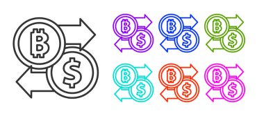Siyah çizgi kripto döviz simgesi beyaz arkaplanda izole edildi. Bitcoin 'den dolar takas simgesine. Kripto para teknolojisi, mobil bankacılık. Simgeleri renklendirin. Vektör.
