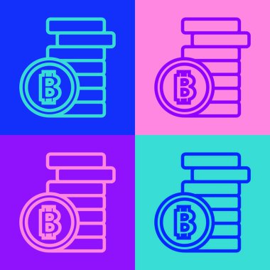Pop sanat çizgisi Kripto para birimi simgesi Bitcoin renk arkaplanında izole edildi. Madeni para. Engelleme zinciri tabanlı şifreli para birimi. Vektör.