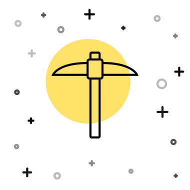 Siyah çizgili Kazma simgesi beyaz arkaplanda izole edildi. Engelleme teknolojisi, kripto para madenciliği, bitcoin, dijital para piyasası, kripto para cüzdanı. Rastgele dinamik şekiller. Vektör.