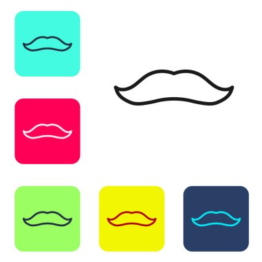 Beyaz arkaplanda siyah çizgi bıyık simgesi izole edildi. Berber dükkanı sembolü. Yüz kılı stili. Renkli kare düğmelerle simgeleri ayarla. Vektör.