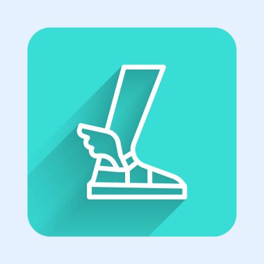 Beyaz çizgi Hermes sandalet ikonu uzun gölgeli izole edilmiş. Antik Yunan tanrısı Hermes. Kanatlı koşu ayakkabısı. Yeşil kare düğmesi. Vektör.