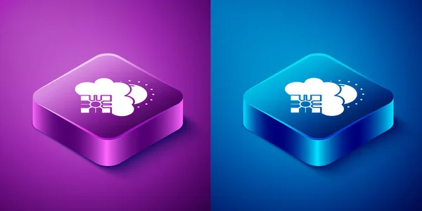 Isometric Cloud with snow and sun icon isolated on blue and purple background. Cloud with snowflakes. Single weather icon. Snowing sign. Square button. Vector.