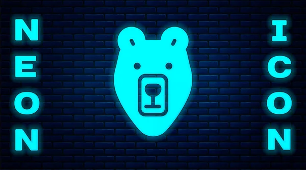 Glowing Neon Bear Ikon Kepala Terisolasi Dinding Bata Latar Belakang - Stok Vektor