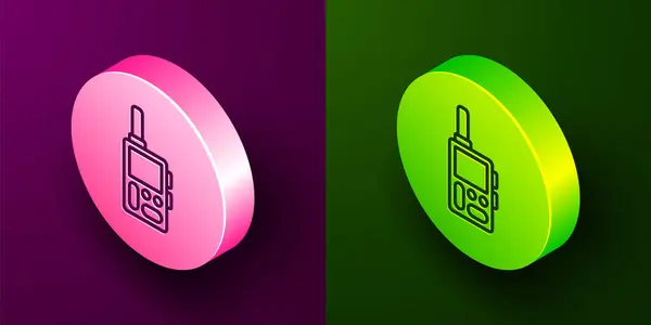 Изометрическая Линия Радио Разговорная Икона Изолирована Фиолетовом Зеленом Фоне Портативный — стоковый вектор