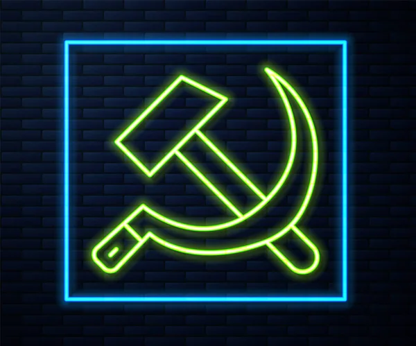 Glowing Neon Line Hammer Sickle Ussr Icon Isolated Brick Wall — Stock Vector