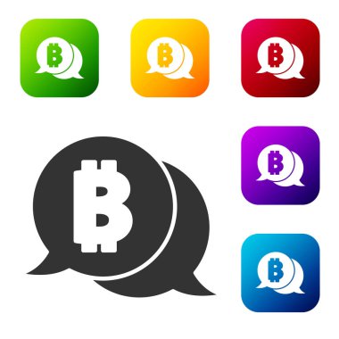 Siyah Kripto para birimi Bitcoin simgesi beyaz arka planda izole edildi. Madeni para. Engelleme zinciri tabanlı şifreli para birimi. Renkli kare düğmelerle simgeleri ayarla. Vektör.