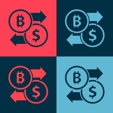 Pop Art Crypto döviz simgesi renk arkaplanında izole edildi. Bitcoin 'den dolar takas simgesine. Kripto para teknolojisi, mobil bankacılık. Vektör.