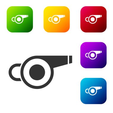 Siyah Düdük simgesi beyaz arkaplanda izole edildi. Hakem sembolü. Spor ve spor burcu. Renkli kare düğmelerle simgeleri ayarla. Vektör.