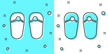 Yeşil ve beyaz arkaplanda siyah çizgi terlik simgesi izole edildi. Plaj terlikleri tabelası. Rastgele dinamik şekiller. Vektör.