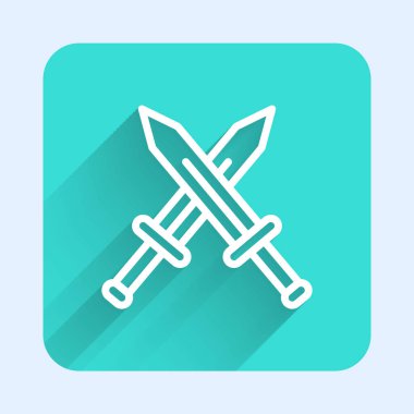 Beyaz çizgi, ortaçağ kılıç simgesini uzun gölgeli izole etti. Ortaçağ silahı. Yeşil kare düğmesi. Vektör.