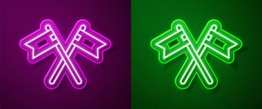 Parlayan neon çizgisi mor ve yeşil arka planda izole edilmiş ortaçağ bayrak simgesini geçti. Bir kral ya da kraliçe tarafından yönetilen ülke, devlet ya da bölge. Vektör.