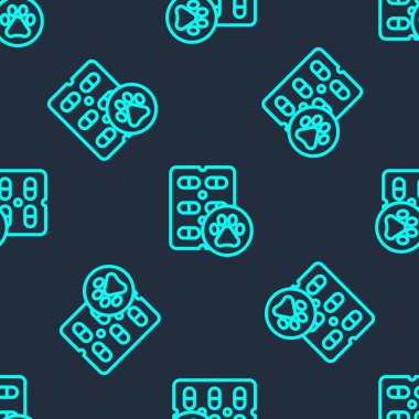 Yeşil çizgi köpek hapı ikonu mavi arka planda izole edilmiş kusursuz desen. Hayvan için reçeteli ilaç. Vektör.