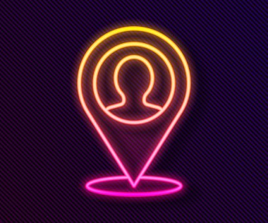 Siyah arkaplanda izole edilmiş bir insan simgesinin silüeti ile parlayan neon çizgisi haritası. GPS konum sembolü. Vektör.