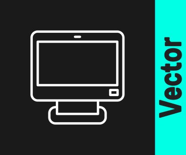 Beyaz çizgi bilgisayar ekranı simgesi siyah arkaplanda izole edildi. Elektronik cihaz. Ön manzara. Vektör.