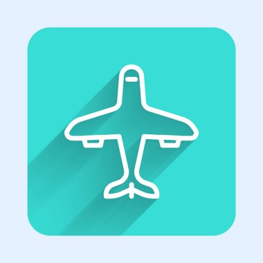 Beyaz çizgi düzlem simgesi uzun gölgeli izole edildi. Uçan uçak ikonu. Uçak tabelası. Yeşil kare düğmesi. Vektör.