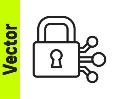 Beyaz zemin üzerinde bitcoin simgesi olan siyah çizgi kilidi. Kripto para madenciliği, engelleme teknolojisi, güvenlik, koruma, dijital para. Vektör.