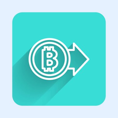 Beyaz çizgi kripto para birimi Bitcoin simgesi uzun gölgeli izole edilmiş. Madeni para. Engelleme zinciri tabanlı şifreli para birimi. Yeşil kare düğmesi. Vektör.