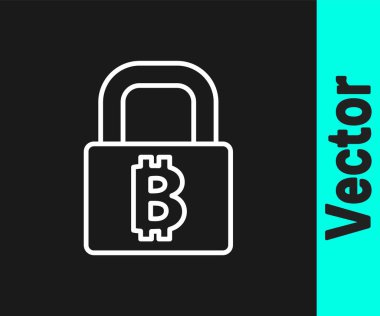 Siyah arkaplanda bitcoin simgesi olan beyaz çizgi kilidi. Kripto para madenciliği, engelleme teknolojisi, güvenlik, koruma, dijital para. Vektör.