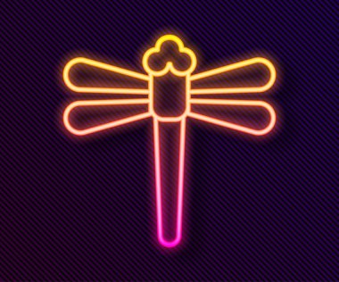 Parlayan neon hattı Dragonfly simgesi siyah arkaplanda izole edildi. Vektör.