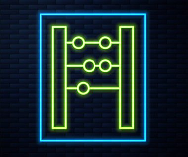 Parlayan neon hattı Abaküs simgesi tuğla duvar arkasında izole edildi. Geleneksel sayım çerçevesi. Eğitim işareti. Matematik okulu. Vektör.