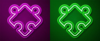 Parlayan neon hattı yapboz parçaları. Mor ve yeşil arkaplanda izole edilmiş oyuncak ikonu. Vektör.