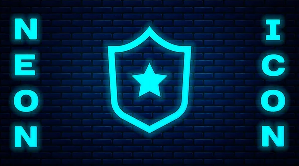 Glowing Neon Police Badge Icon Isolated Brick Wall Background Sheriff — Stock Vector