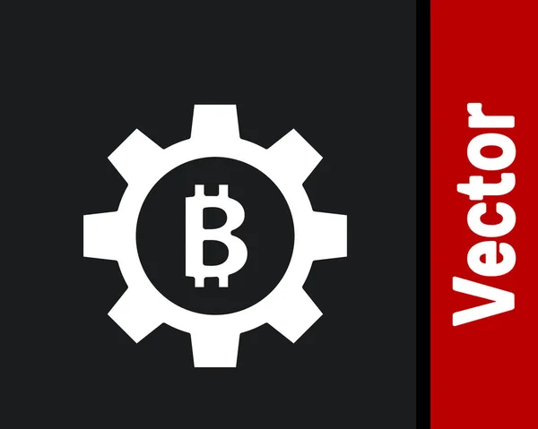 ホワイト暗号通貨コイン黒の背景に隔離されたBitcoinアイコン ギアとビットコインの設定 ブロックチェーンベースの安全な暗号通貨 ベクトル — ストックベクタ