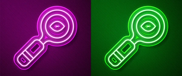 Gloeiende Neon Lijn Vergrootglas Pictogram Geïsoleerd Paarse Groene Achtergrond Zoek — Stockvector
