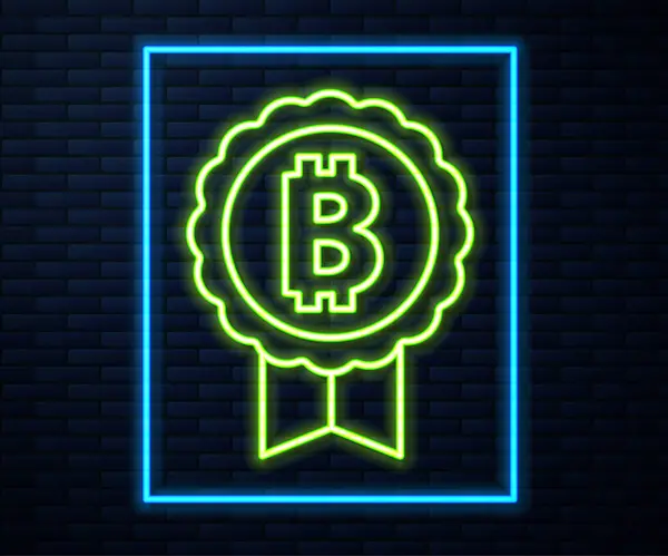 Linea Neon Luminoso Cryptocurrency Moneta Icona Bitcoin Isolato Sfondo Muro — Vettoriale Stock