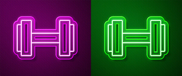 Светящаяся неоновая линия Значок гантели выделен на фиолетовом и зеленом фоне. Икона поднятия мышц, фитнес-штанга, тренажерный зал, спортивный инвентарь, гимнастика. Вектор.