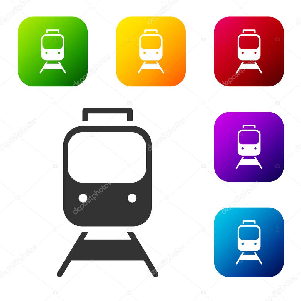 Black Train and railway icon isolated on white background. Public transportation symbol. Subway train transport. Metro underground. Set icons in color square buttons. Vector.