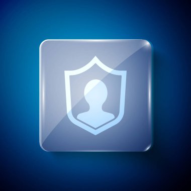 Beyaz Kullanıcı koruma simgesi mavi arkaplanda izole edildi. Güvenli kullanıcı girişi, şifre koruması, kişisel veri koruması, kimlik doğrulaması. Kare cam paneller. Vektör.