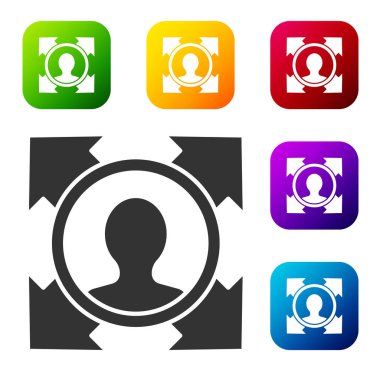 Siyah başlı av ikonu beyaz arka planda izole edildi. İş hedefi ya da İstihdam tabelası. İş için insan kaynakları ve adam toplama. Renkli kare düğmelerle simgeleri ayarla. Vektör.