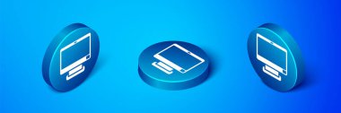 Isometric Bilgisayar ekranı simgesi mavi arkaplanda izole edildi. Elektronik cihaz. Ön manzara. Mavi daire düğmesi. Vektör.
