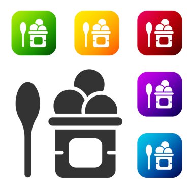 Kasede siyah dondurma ve beyaz arka planda izole edilmiş kaşık ikonu. Güzel sembol. Renkli kare düğmelerle simgeleri ayarla. Vektör.